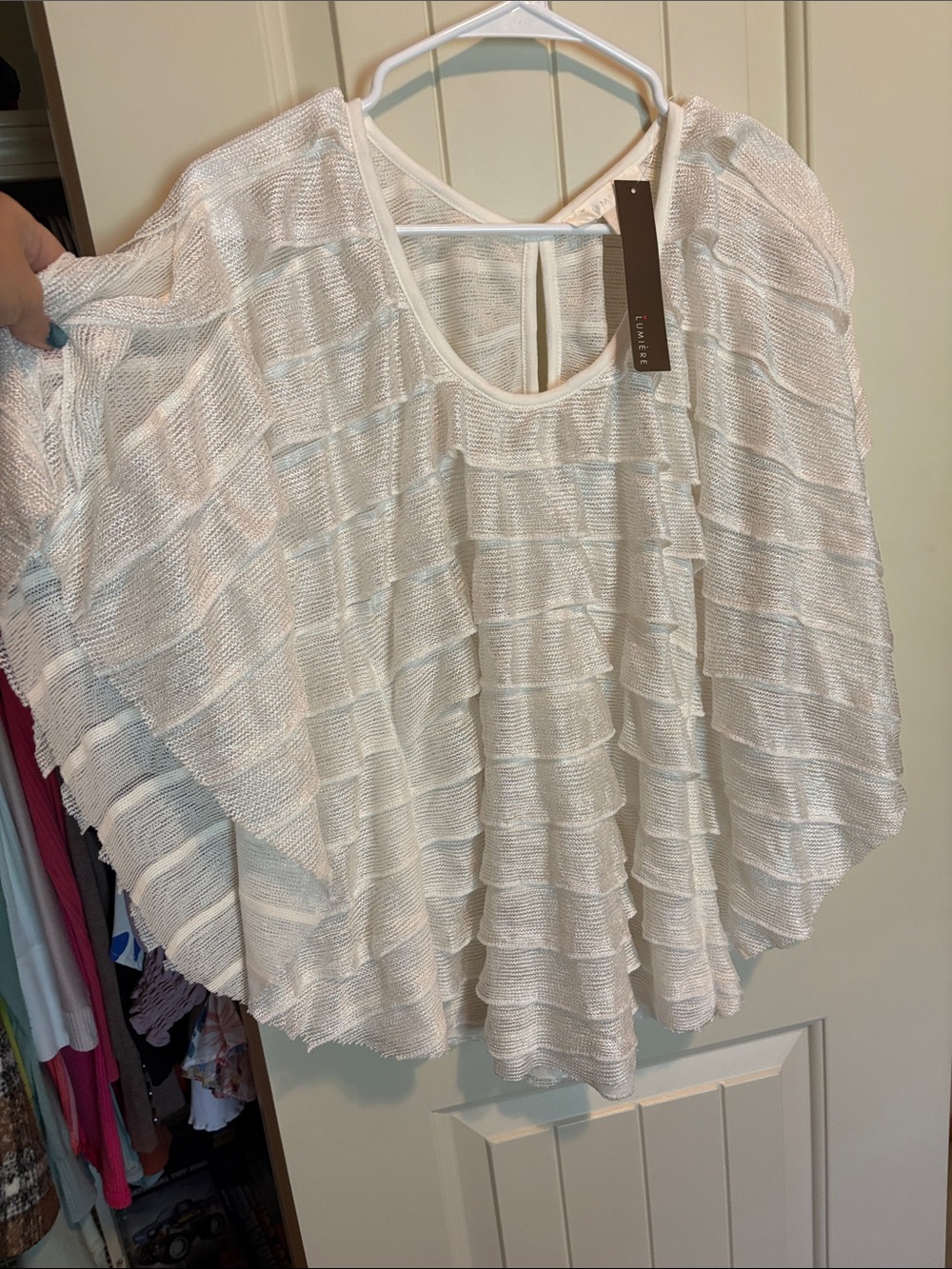 Lumiere Ivory Open-Knit Ruffle Pullover